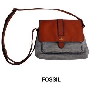 Fossil Kinley Crossbody Bag Purse Leather And Canvas Handbag Blue And Brown